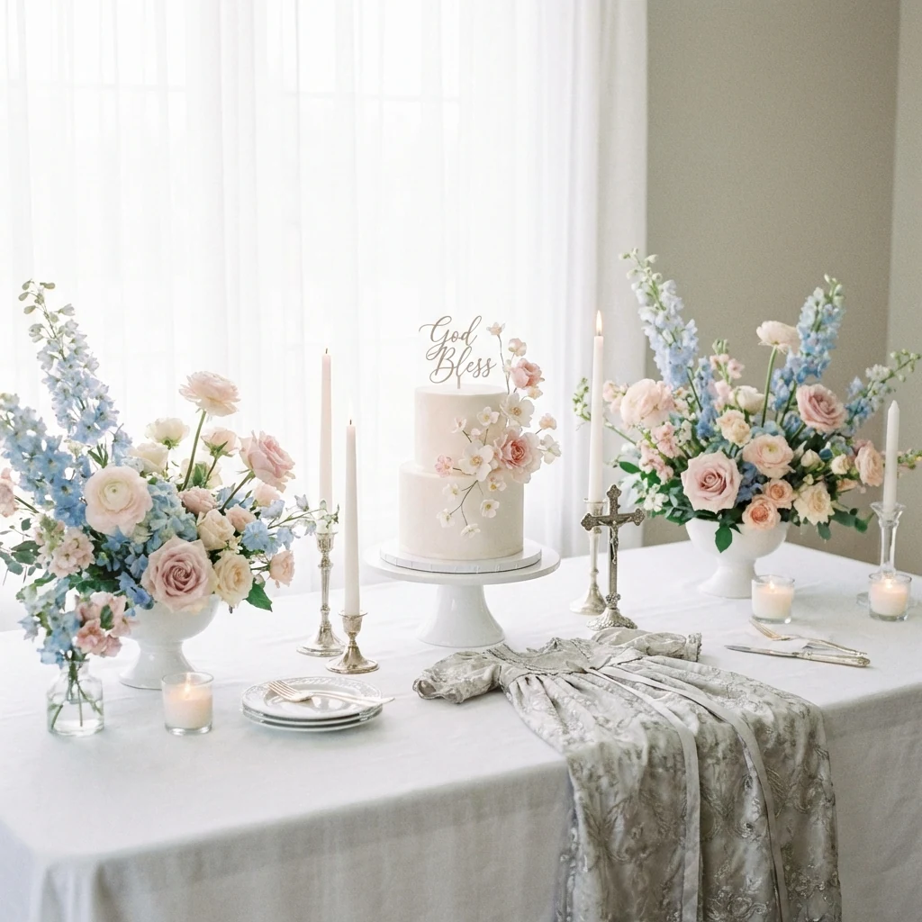 Mesa decorada con una tarta para un bautizo