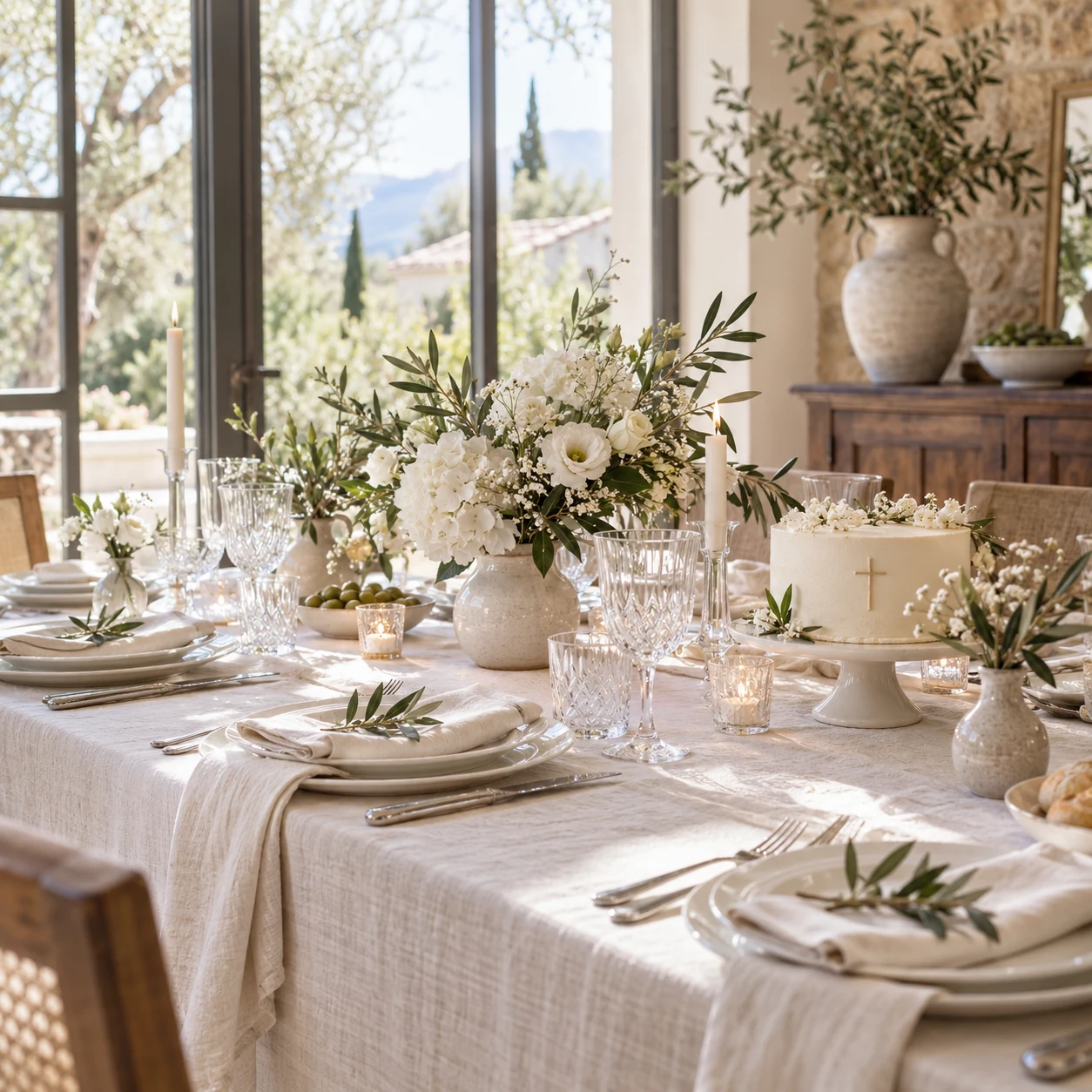 Mesa de comunión con flores blancas y una tarta